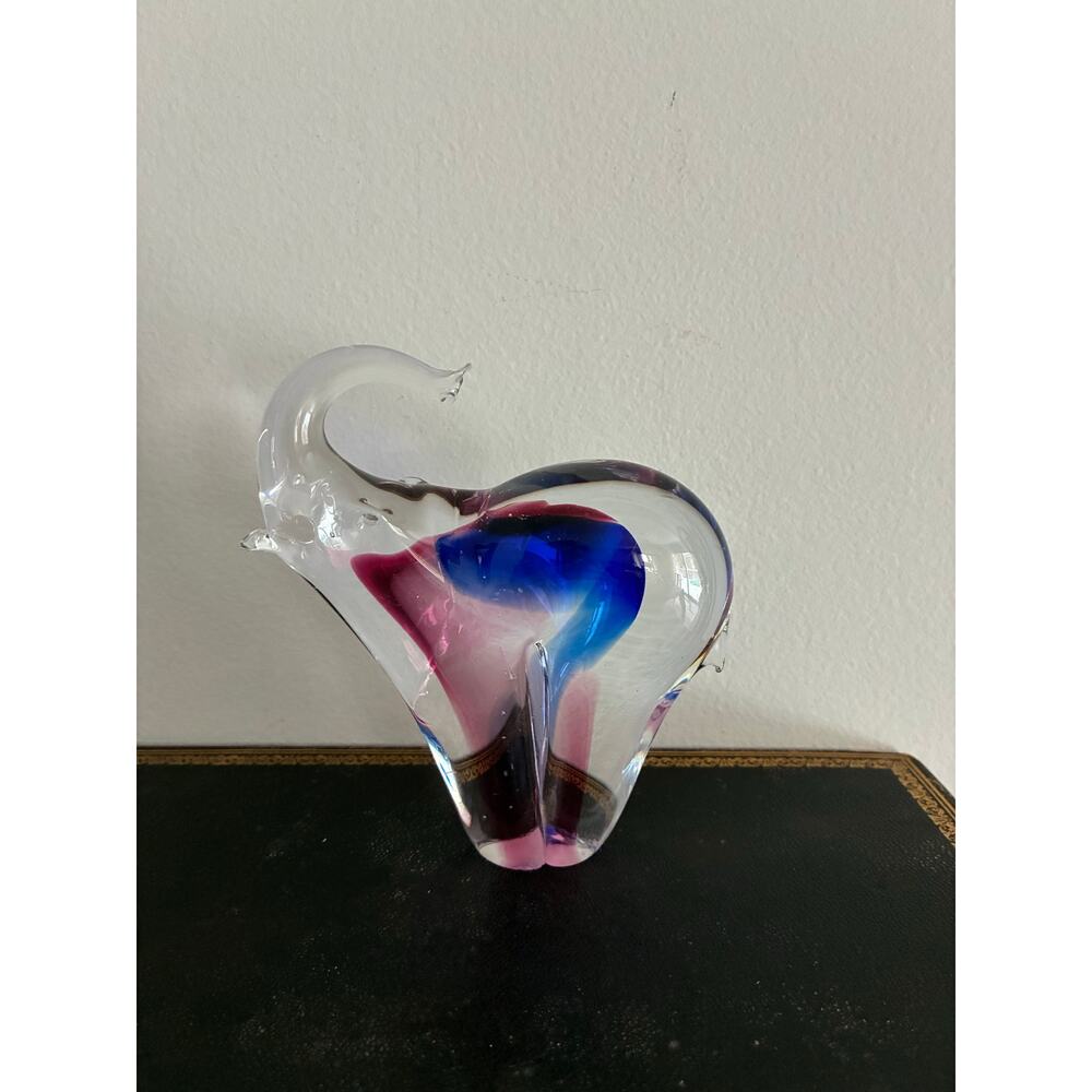 Murano Style Art Glass Elephant Figurine Pink Blue Clear Vintage